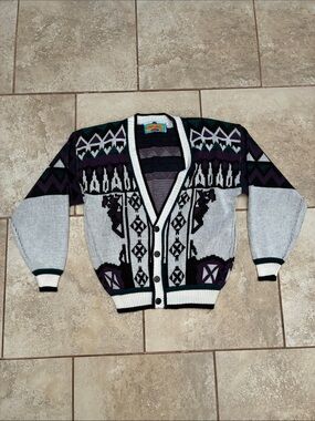 Geometric Pattern Button-Front Cardigan Sweater - Gray & Purple